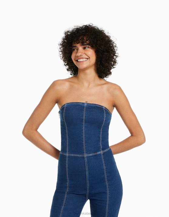 Marine Bershka Frauen Jeansoverall mit freiliegenden Schultern H00J1969