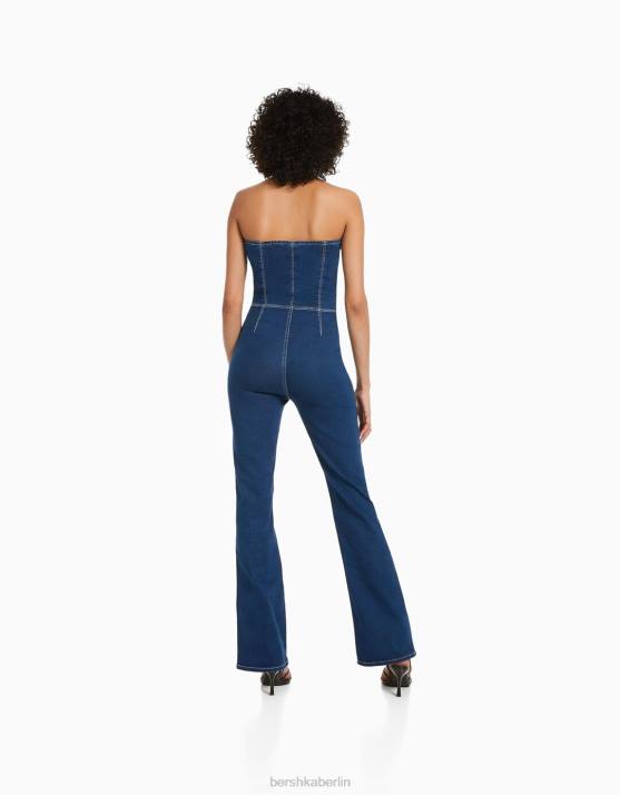 Marine Bershka Frauen Jeansoverall mit freiliegenden Schultern H00J1969