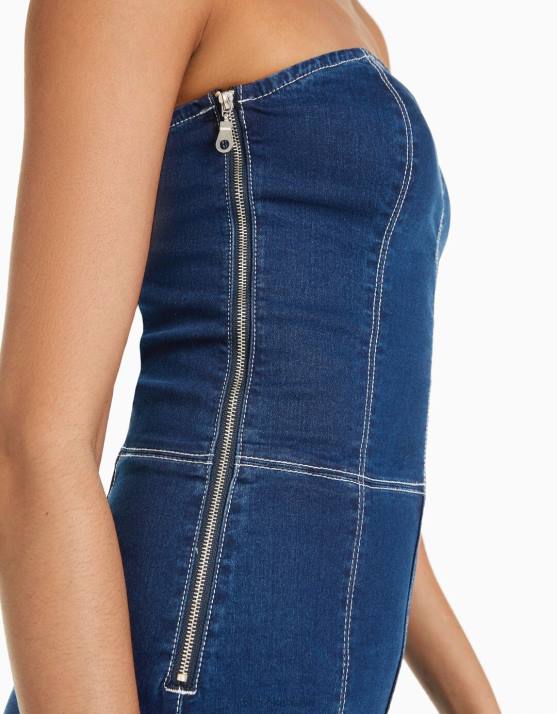 Marine Bershka Frauen Jeansoverall mit freiliegenden Schultern H00J1969