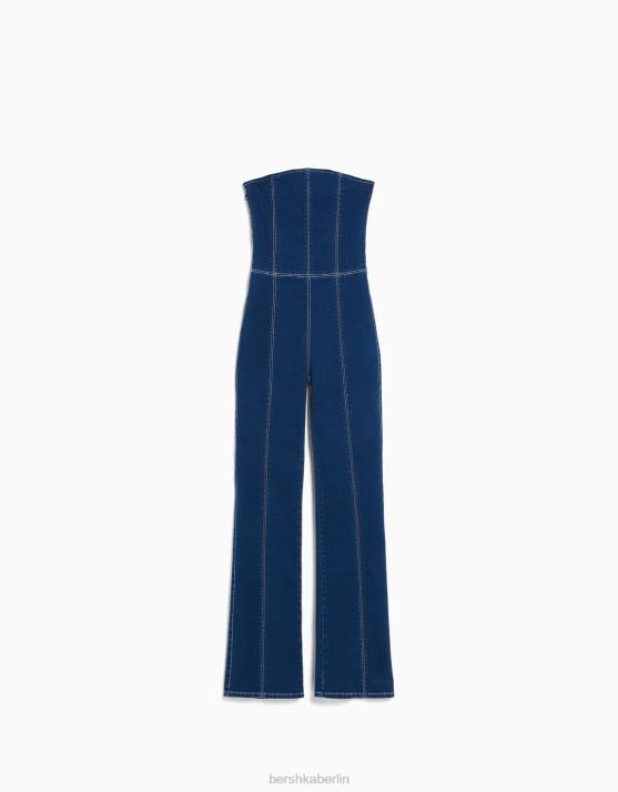 Marine Bershka Frauen Jeansoverall mit freiliegenden Schultern H00J1969