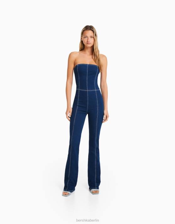 Marine Bershka Frauen Jeansoverall mit freiliegenden Schultern H00J251