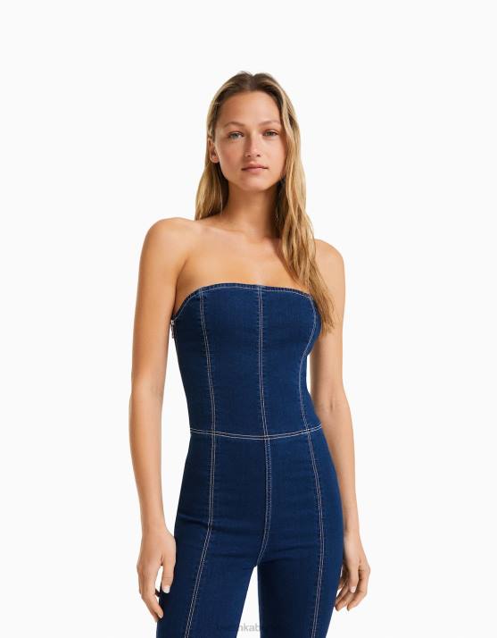 Marine Bershka Frauen Jeansoverall mit freiliegenden Schultern H00J251