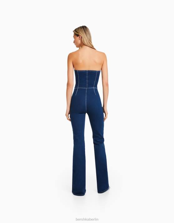 Marine Bershka Frauen Jeansoverall mit freiliegenden Schultern H00J251