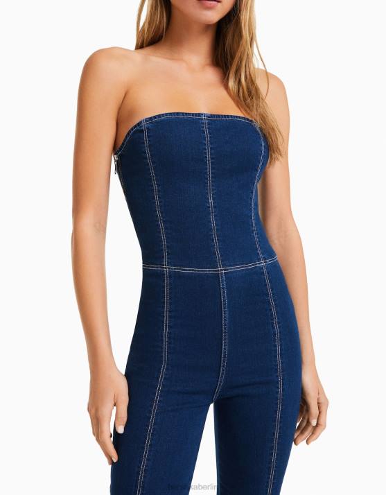 Marine Bershka Frauen Jeansoverall mit freiliegenden Schultern H00J251