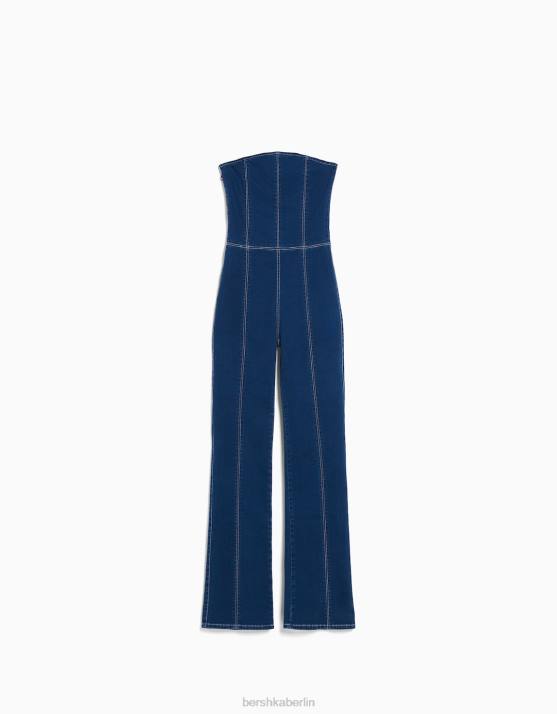 Marine Bershka Frauen Jeansoverall mit freiliegenden Schultern H00J251