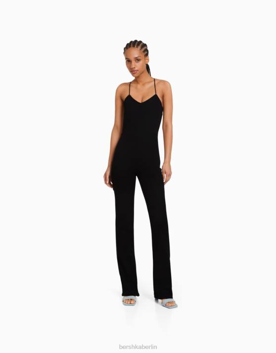 Schwarz Bershka Frauen Elastischer Denim-Jumpsuit mit Rückenausschnitt H00J141