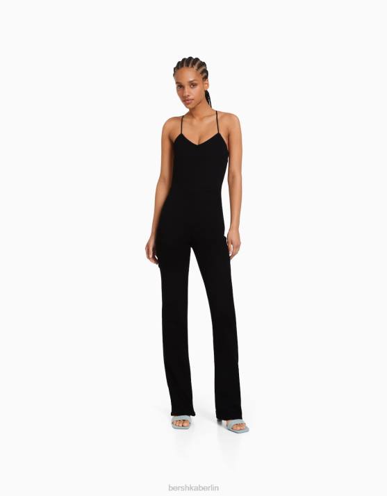 Schwarz Bershka Frauen Elastischer Denim-Jumpsuit mit Rückenausschnitt H00J142