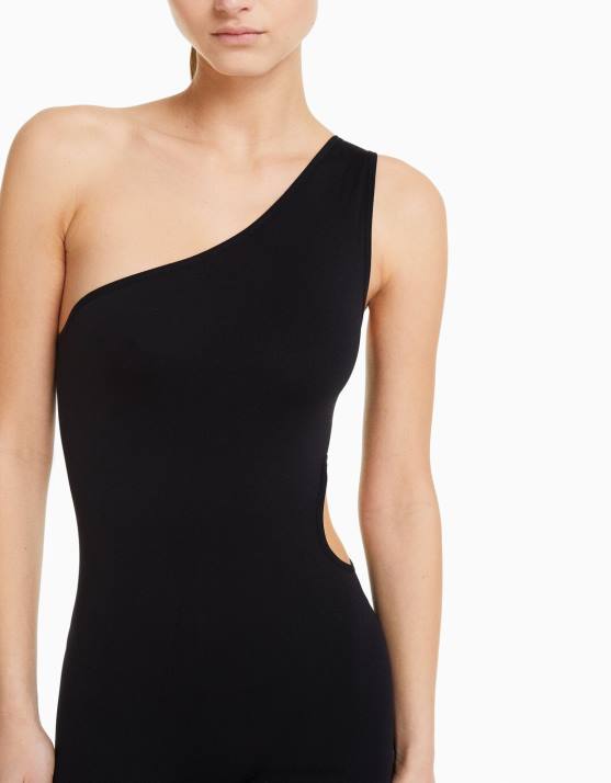 Schwarz Bershka Frauen Nahtloser Jumpsuit mit Cut-Outs H00J98