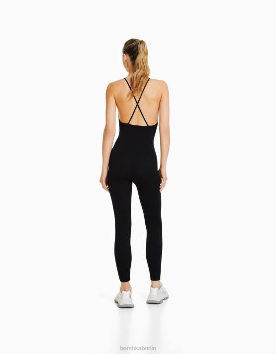Schwarz Bershka Frauen Nahtloser Jumpsuit mit Trägern und überkreuztem Rücken H00J96