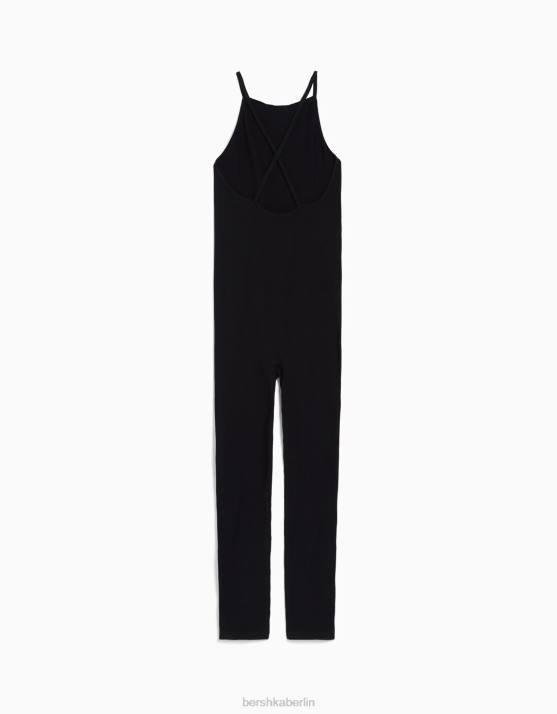 Schwarz Bershka Frauen Nahtloser Jumpsuit mit Trägern und überkreuztem Rücken H00J96