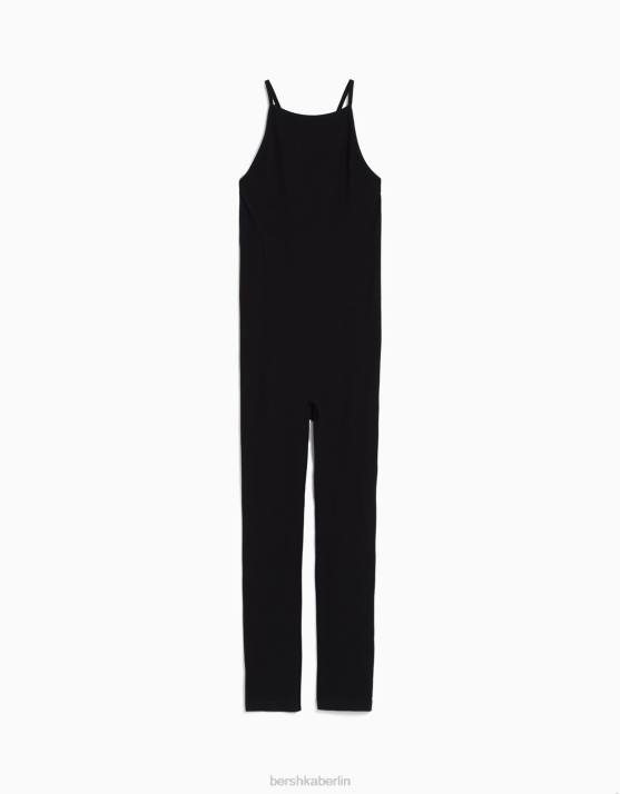 Schwarz Bershka Frauen Nahtloser Jumpsuit mit Trägern und überkreuztem Rücken H00J96