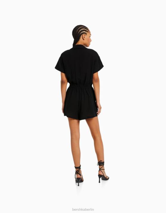 Schwarz Bershka Frauen Rustikaler Utility-Jumpsuit H00J106