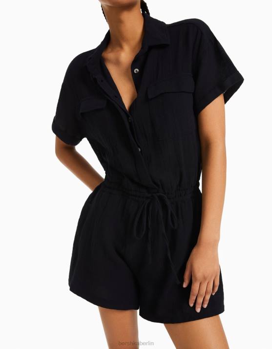 Schwarz Bershka Frauen Rustikaler Utility-Jumpsuit H00J106