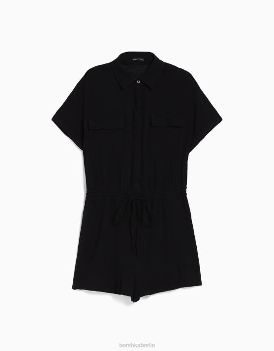Schwarz Bershka Frauen Rustikaler Utility-Jumpsuit H00J106