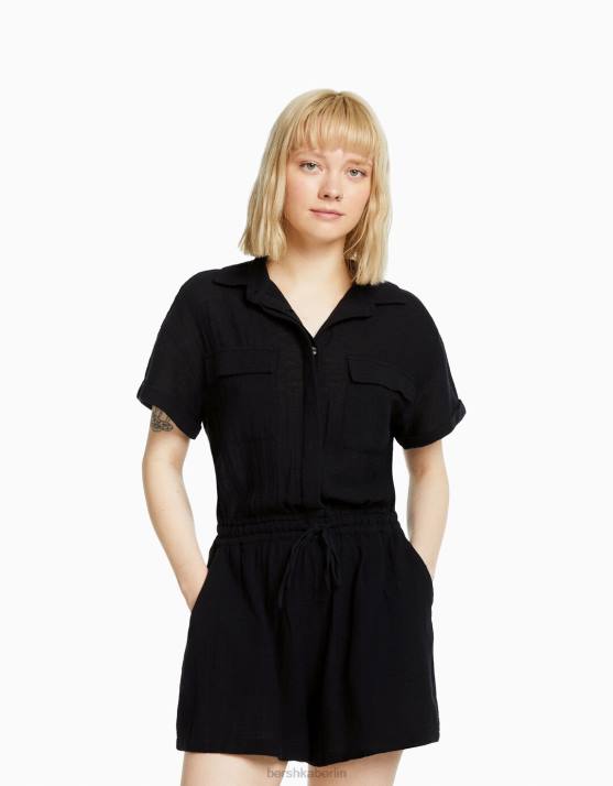 Schwarz Bershka Frauen Rustikaler Utility-Jumpsuit H00J4082