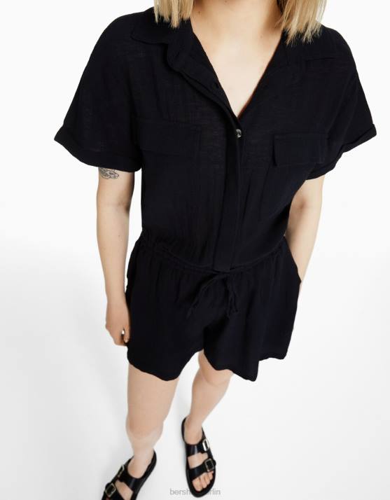 Schwarz Bershka Frauen Rustikaler Utility-Jumpsuit H00J4082