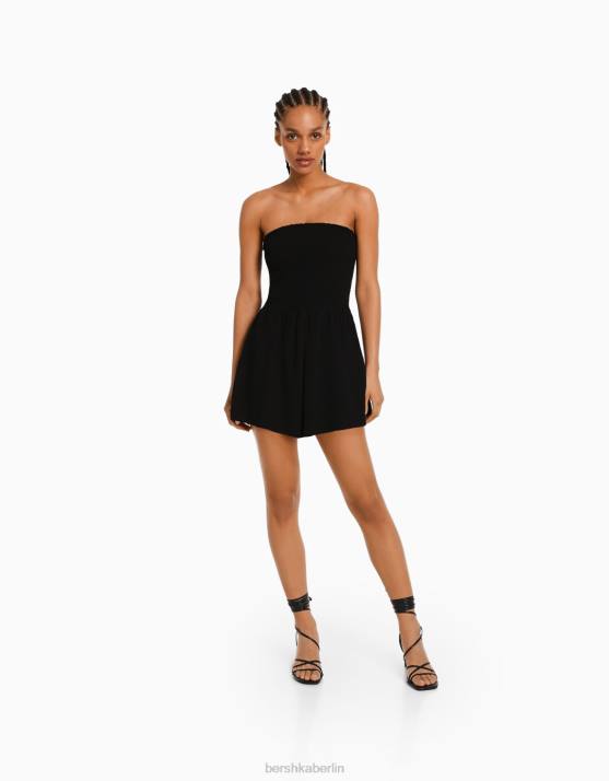 Schwarz Bershka Frauen Strukturierter Bandeau-Strampler mit Raffung H00J112