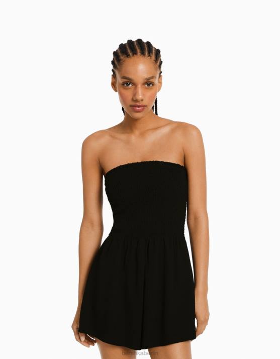 Schwarz Bershka Frauen Strukturierter Bandeau-Strampler mit Raffung H00J112