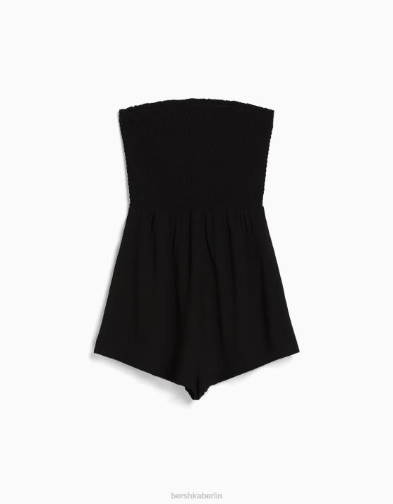 Schwarz Bershka Frauen Strukturierter Bandeau-Strampler mit Raffung H00J112