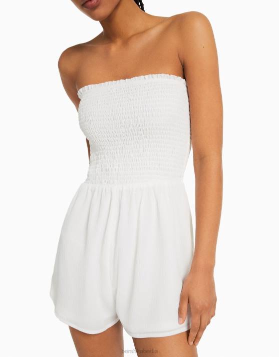 Weiss Bershka Frauen Strukturierter Bandeau-Strampler mit Raffung H00J113