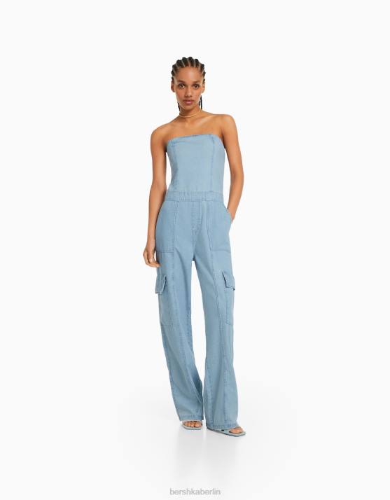 hellblau Bershka Frauen Denim-Cargo-Bandeau-Jumpsuit H00J108