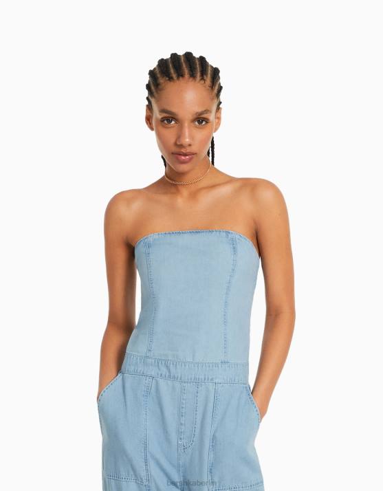 hellblau Bershka Frauen Denim-Cargo-Bandeau-Jumpsuit H00J108
