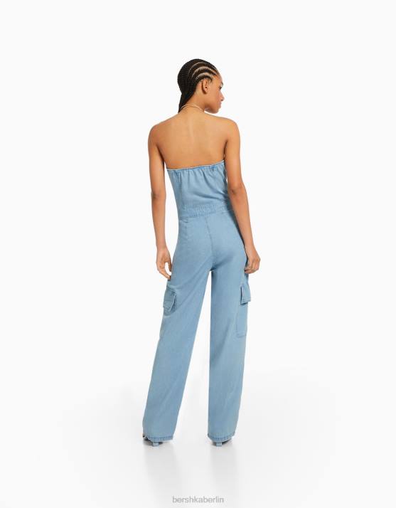 hellblau Bershka Frauen Denim-Cargo-Bandeau-Jumpsuit H00J108
