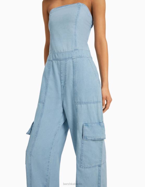 hellblau Bershka Frauen Denim-Cargo-Bandeau-Jumpsuit H00J108