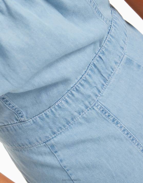 hellblau Bershka Frauen Denim-Cargo-Bandeau-Jumpsuit H00J108