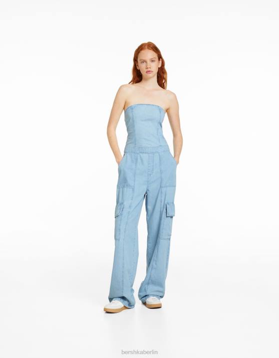 hellblau Bershka Frauen Denim-Cargo-Bandeau-Jumpsuit H00J4076