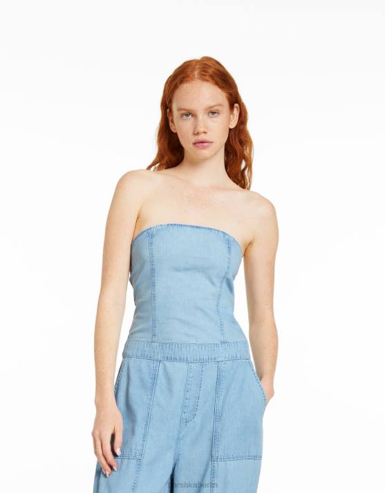 hellblau Bershka Frauen Denim-Cargo-Bandeau-Jumpsuit H00J4076