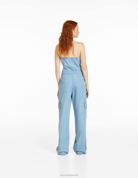 hellblau Bershka Frauen Denim-Cargo-Bandeau-Jumpsuit H00J4076
