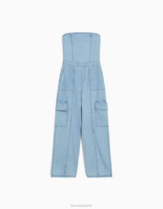 hellblau Bershka Frauen Denim-Cargo-Bandeau-Jumpsuit H00J4076