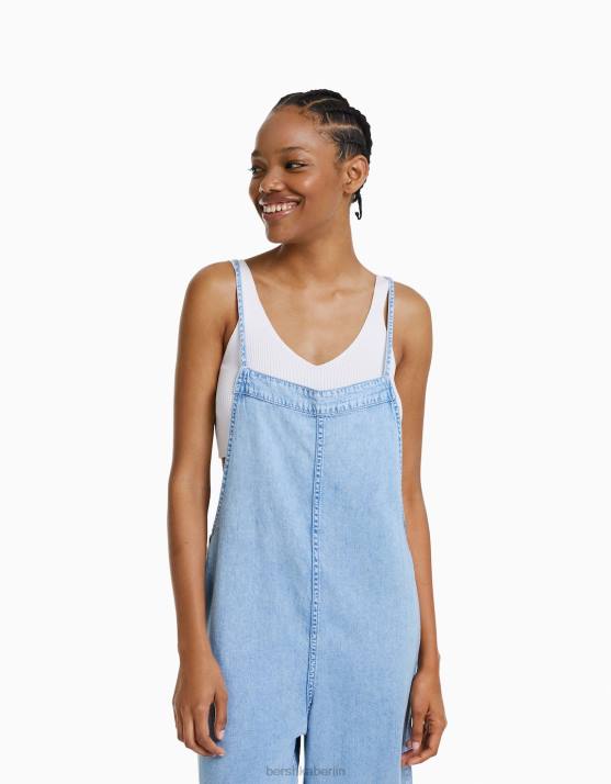 hellblau Bershka Frauen Denim-Jumpsuit mit Trägern H00J84