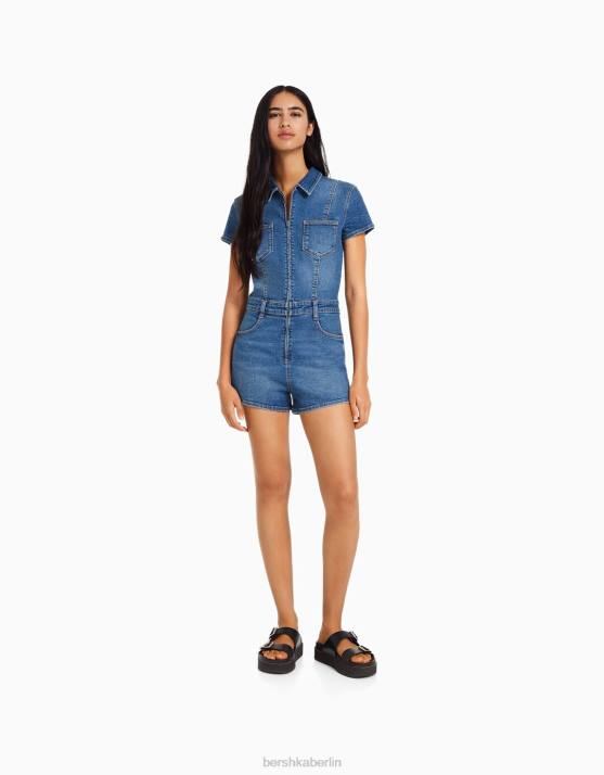 hellblau Bershka Frauen Denim-Strampler mit Reißverschluss H00J29