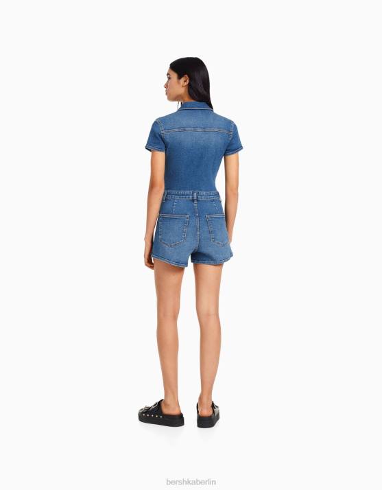 hellblau Bershka Frauen Denim-Strampler mit Reißverschluss H00J29