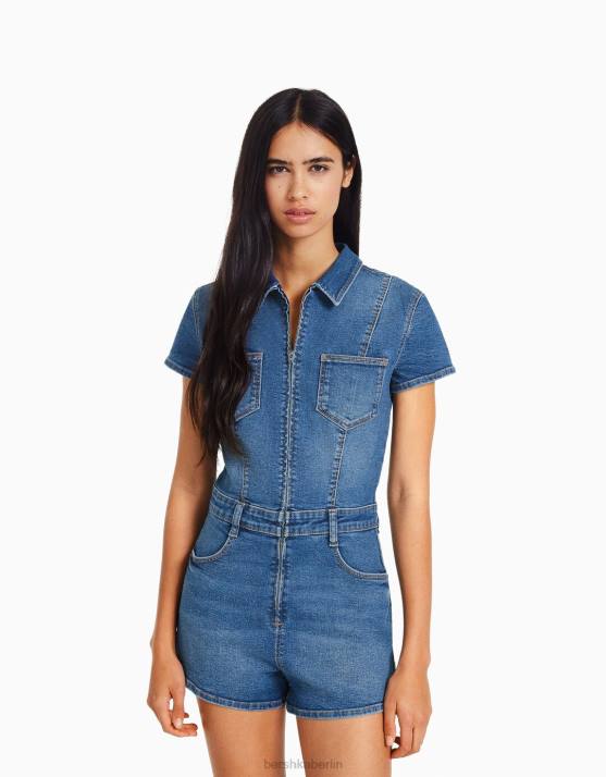 hellblau Bershka Frauen Denim-Strampler mit Reißverschluss H00J29