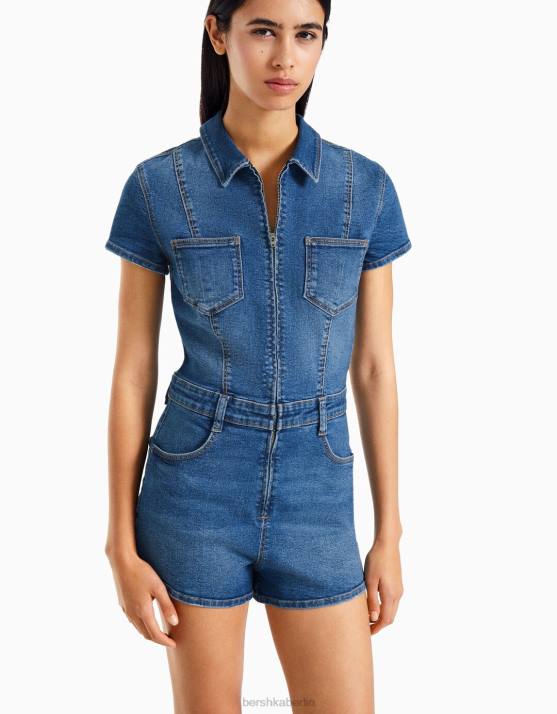 hellblau Bershka Frauen Denim-Strampler mit Reißverschluss H00J29