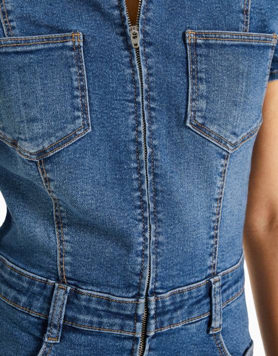 hellblau Bershka Frauen Denim-Strampler mit Reißverschluss H00J29