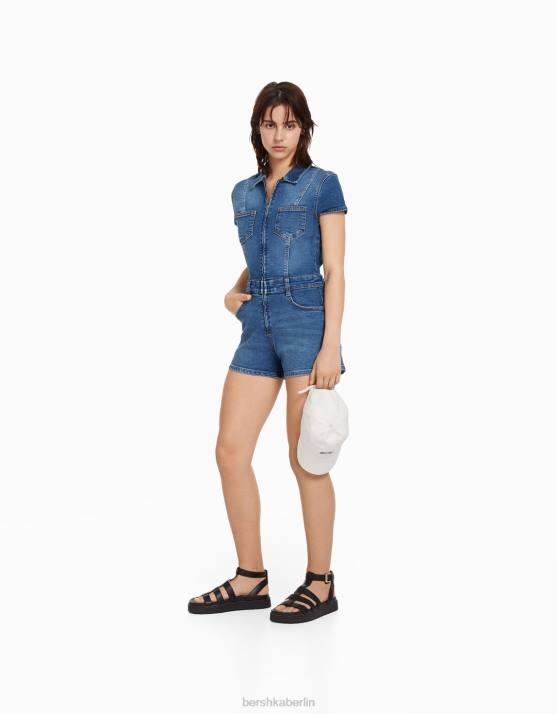 hellblau Bershka Frauen Denim-Strampler mit Reißverschluss H00J4080