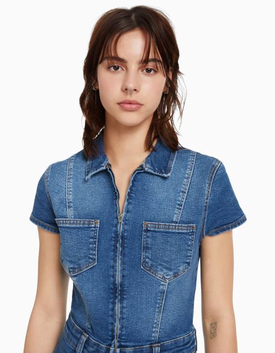 hellblau Bershka Frauen Denim-Strampler mit Reißverschluss H00J4080