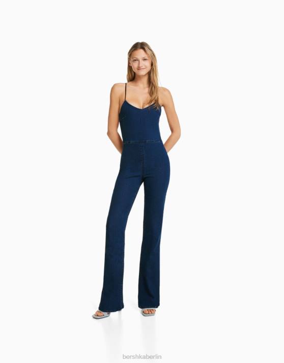 hellblau Bershka Frauen Elastischer Denim-Jumpsuit mit Rückenausschnitt H00J62
