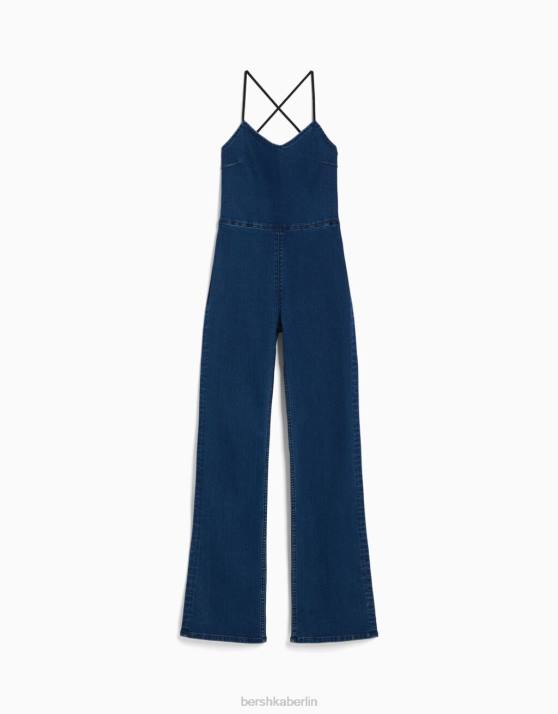 hellblau Bershka Frauen Elastischer Denim-Jumpsuit mit Rückenausschnitt H00J62