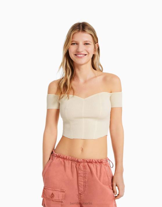 Beige Bershka Frauen Schulterfreies Strickkorsett mit kurzen Ärmeln H00J970