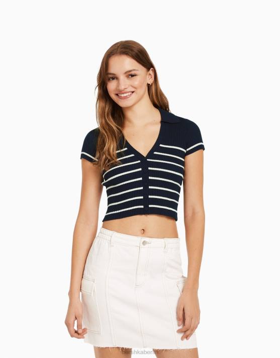 Blau Bershka Frauen Kurzärmliges Oberteil mit Polokragen H00J1061