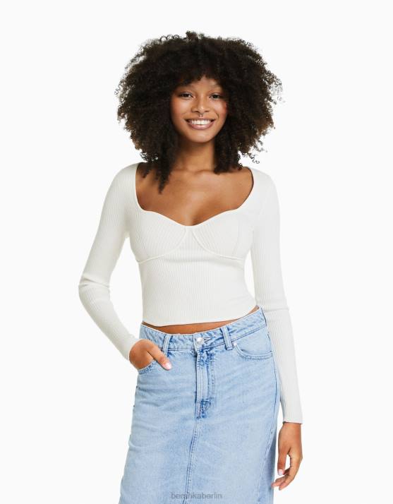 Creme Bershka Frauen Oberteil im Rippstrick-Korsett-Stil H00J1020