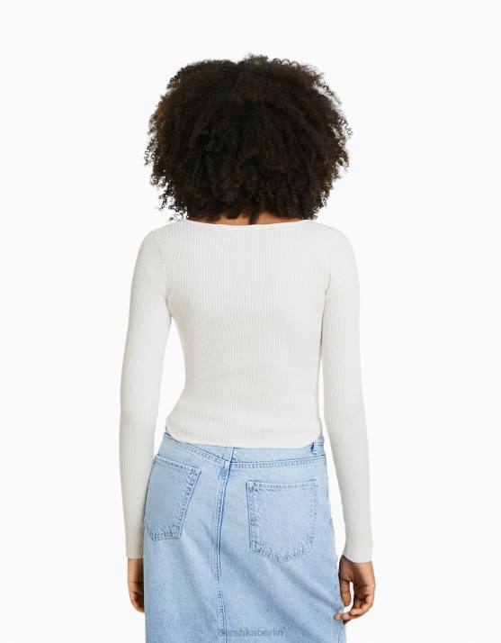 Creme Bershka Frauen Oberteil im Rippstrick-Korsett-Stil H00J1020
