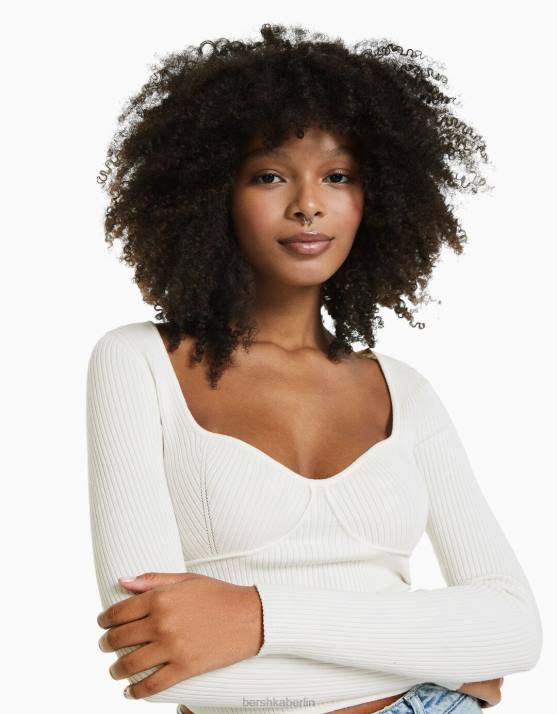 Creme Bershka Frauen Oberteil im Rippstrick-Korsett-Stil H00J1020