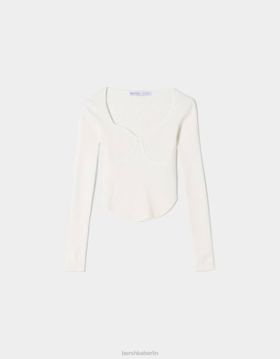 Creme Bershka Frauen Oberteil im Rippstrick-Korsett-Stil H00J1020