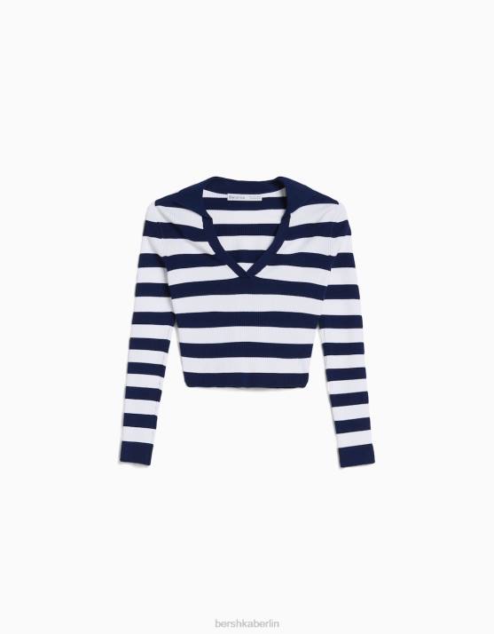 Creme Bershka Frauen Rippstrickoberteil mit Streifen und Polokragen H00J1038